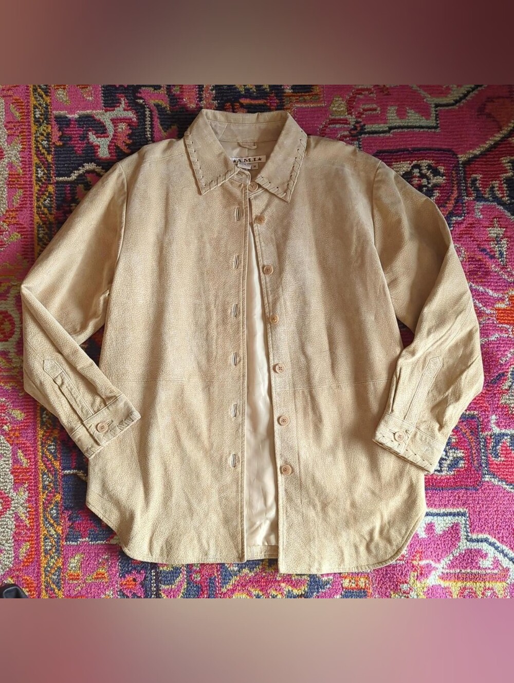 A.M.I Leather Button Up Shirt Cream Size Medium